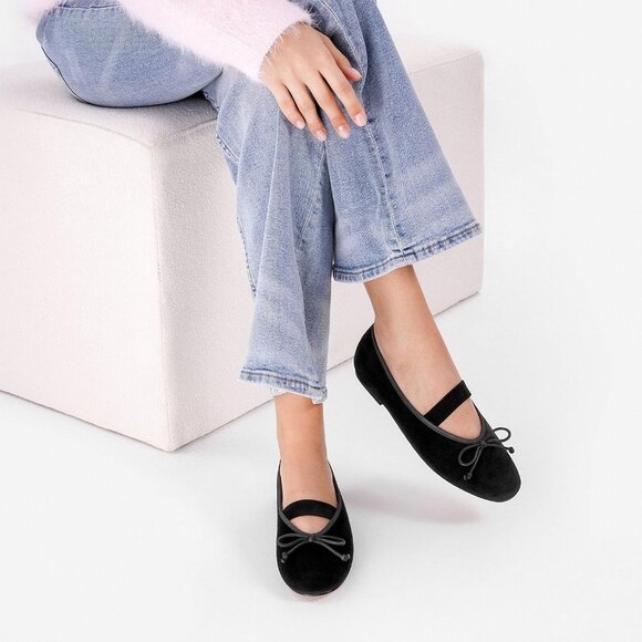 Women's Velvet Bow Black Upper Round Toe Ballerinas Pull On Flats Ballet Shoes - Picture 6 of 7